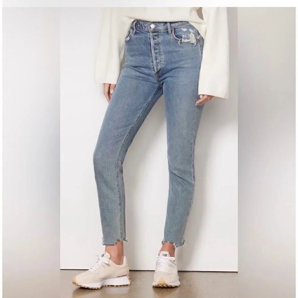 AGOLDE Nico High Rise Raw Hem Button Fly Stretch Jeans 28 Medium Wash